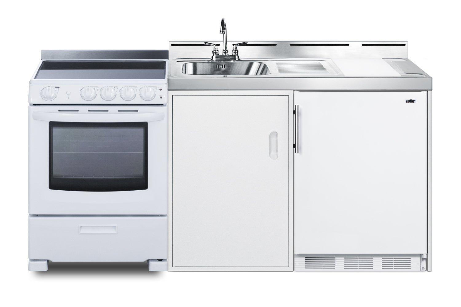 72 inch wide all-in-one kitchenette with 4-burner 220V smooth-top electric range, refrigerator-freezer, sink, cutting board and cutlery storage, and a storage cabinet
